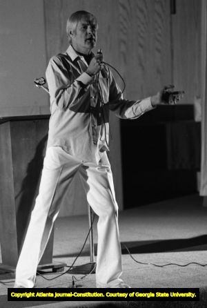 Psychologist Timothy Leary speaking at Emory University, Atlanta, Georgia, November 18, 1980.