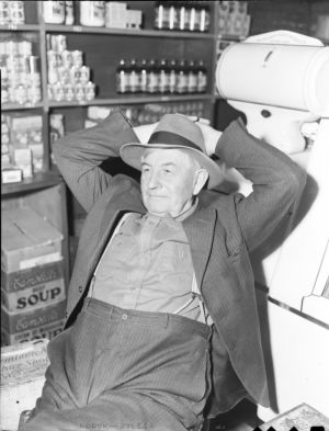 Laying back in general store, Young Harris, Georgia, January 1947.