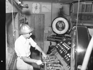 Control board of concrete mixer plant, Allatoona hydroelectric dam, Bartow County, Georgia, May 1948.