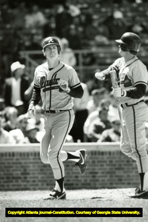 Atlanta Braves Dale Murphy crosses home plate after scoring homerun against Chicago Cubs, Atlanta, Georgia, December 1988.
