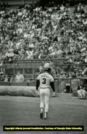 Atlanta Braves Dale Murphy walks back after striking out against the LA Dodgers, 1980s?