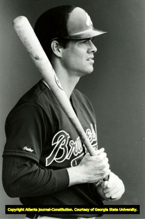 Atlanta Braves Dale Murphy holds bat at spring training, Atlanta, Georgia, March 1989.