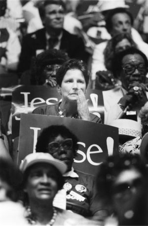 Delagate at the Democratic National Convention listening to Jesse Jackson speak, Atlanta, Georgia, JUloy 19, 1988.