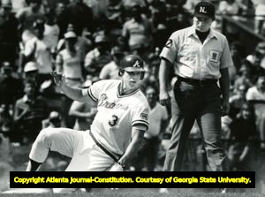Atlanta Braves Dale Murphy slides into third base,1983.
