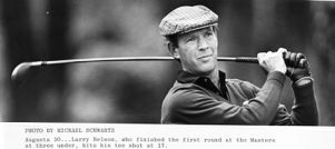 Professional golfer Larry Nelson teeing off on the 17th hole of the Masters, Augusta, Georgia, April 1989.