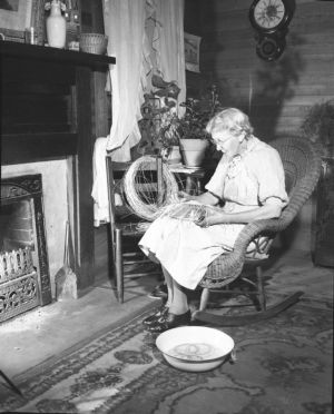 Flora Dysart working on a new basket, Rydal , Georgia, October 1952.