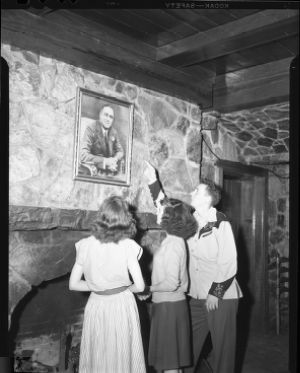 Visitors at Franklin D. Roosevelt State Park admire a portrait of the former president, Pine Mountain, Georgia, April 1947.