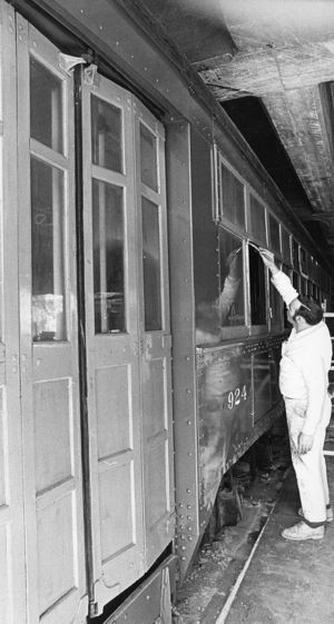 Re-painting a streetcar, Atlanta, Georgia, circa 1960s.