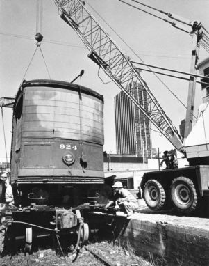 Street car being moved to Underground Atlanta in preparation for the Dogwood Festival, Atlanta, Georgia, March 1969.