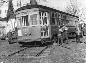 Moving a streetcar to Dante's Down the Hatch, Atlanta, Georgia, January 12, 1981.