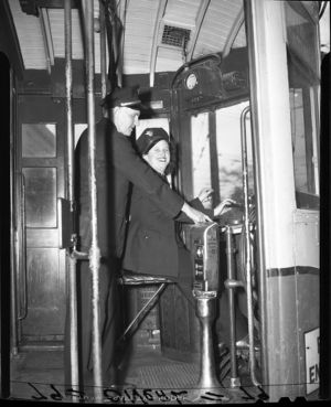 A woman learning to operate a streetcar, Atlanta, Georgia, January 1945.
