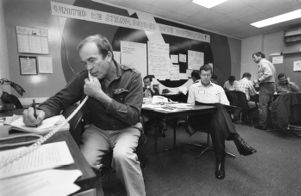 Air Line Pilots Association officail working the phones during the IAM strike against Eastern Airlines, Atlanta, Georgia, March 22, 1989.