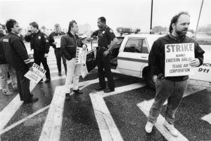 IAM member picketing against Eastern Airlines, Atlanta, Georgia, March 3, 1989.