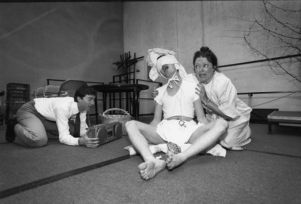 John Goldman, Tim Kevin, and Taylor St. Clair rehearsing a scene from Jim Grimsley's "White People," at 7 Stages Theatre, Atlanta, Georgia, April 17, 1989.