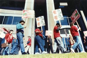 Justice for Janitors, supported by SEIU, activists picket MARTA Headquarters, Atlanta, Georgia, February 5, 1990.