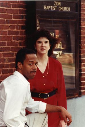 Playwright Beverly Trader and director Tom Jones in a publicity photograph for their production of "Zion," Marietta, Georgia, April 29, 1990.