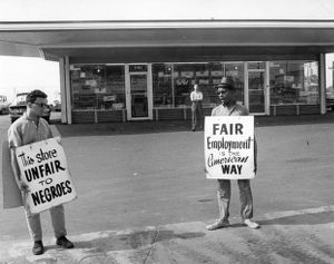 Civil rights activists picket a liquor store over hiring practices, Atlanta, Georgia, circa late 1960s.