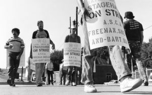 Stage hands picket behind the World Congress Center, Atlanta, Georgia, October 22, 1984.
