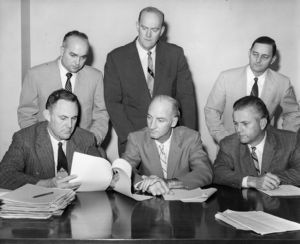Lockheed representatives during strike negotiations, Atlanta, Georgia, May 13, 1958.