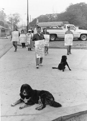 Stage hands picket behind the World Congress Center, Atlanta, Georgia, October 22, 1984.