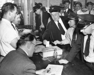 Members of the Amalgamated Transit Union, Local 732 taking a strike vote, Atlanta, Georgia, May 1950.
