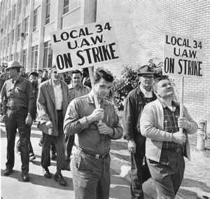 United Auto Workers Local 34 picketing outside a Chevrolet plant, Atlanta, Georgia, March 1968.