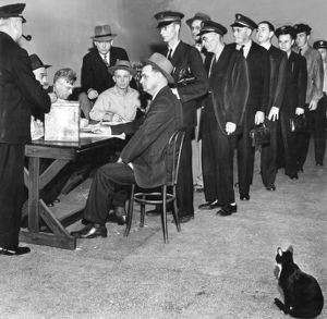 Members of the Amalgamated Transit Union, Local 732 prepare for a strike vote, Atlanta, Georgia, April 1946.