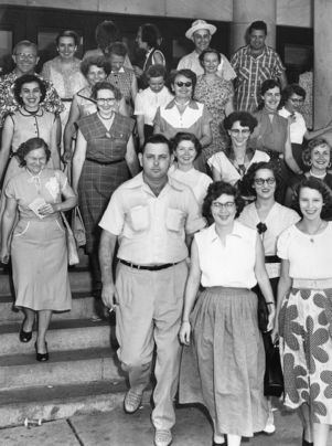 Striking telephone workers leaving an organizational meeting, Atlanta, Georgia, August 1953.