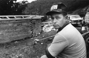 Stiking mine worker outside strike headquarters, Belfry, Kentucky, June 1985.