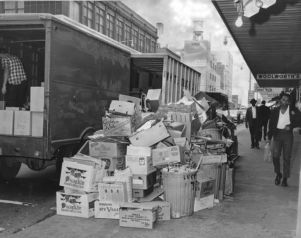 Garbage piled up on the curb during a sanitation workers strike, Atlanta, Georgia, September 5, 1968.