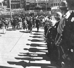 Striking city workers marching with police escorts, Atlanta, Georgia, April 1970.