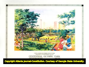 Centennial Olympic Park. View Across Southern End of Park Adjacent to Centennial Plaza. Atlanta, Georgia, one of three photographs of the renderings. They are probably from 1995, but may be from the 1998-redesign of the park.