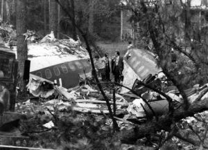 Rescue workers and investigators combing through the wreckage of a plane crash, New Hope, Georgia, April 5, 1977.