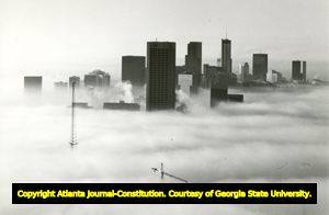 Atlanta skyline above low cloud-cover, Atlanta, Georgia, 1989.
