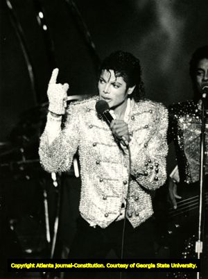 Michael Jackson on stage at the Atlanta-Fulton County Stadium in his "Victory Tour," Atlanta, Georgia. October 26 and 27, 1984.