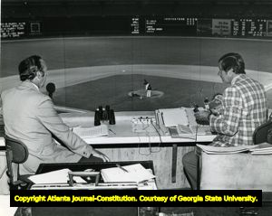 Braves broadcasters Ernie Johnson and Milo Hamilton preparing before a game, 1972