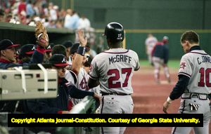 Atlanta Braves first baseman Fred McGriff after scoring a run in Game 1 of National League Championship Series, 1995