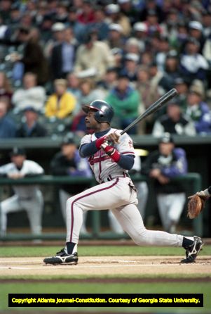 Atlanta Braves center fielder Marquis Grissom hitting home run in Game 2 of National League Division Series, 1995