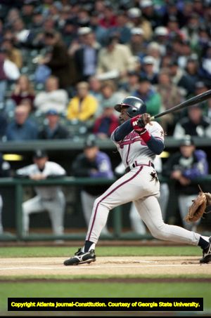 Atlanta Braves center fielder Marquis Grissom hitting home run in Game 2 of National League Division Series, 1995
