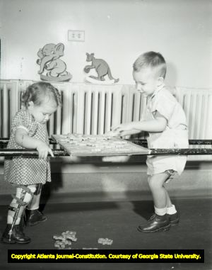 Polio stricken children exercising through physical therapy, circa 1940s