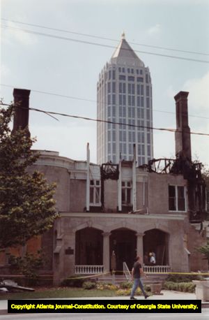 Burned-out Wimbish Mansion, Peachtree Street, Atlanta, Georgia, May 1990. The mansion was then and is now the home of the Atlanta Woman's Club.