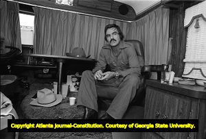 Burt Reynolds in his trailer on the set of "Smokey and the Bandit," 1976