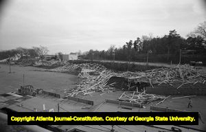 Aftermath of "Smokey and the Bandit II" roller coaster demolition stunt, 1980