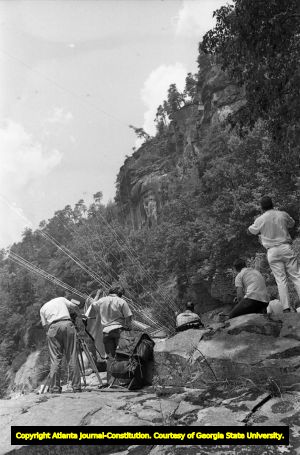 Press and film crew set up to record Karl Wallenda's tightrope walk across Tallulah Gorge, 1970