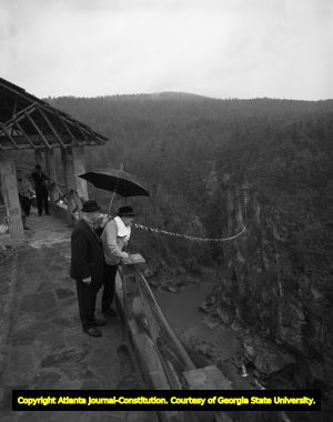 Karl Wallenda at Tallulah Gorge surverying the area for his upcoming tightrope walk, 1970