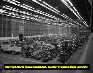 Bell Bomber Plant overhead view of the aircraft assembly line, circa 1940s