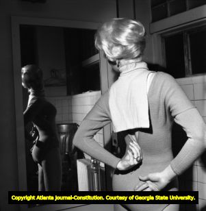 Debbie Drake getting ready for exercise photoshoot, 1961
