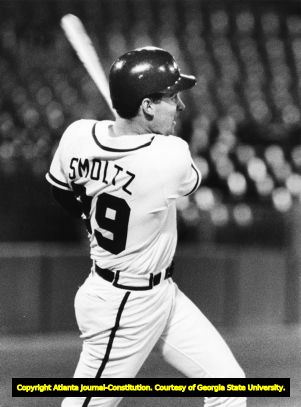 Atlanta Braves pitcher John Smoltz at bat during a game, 1989