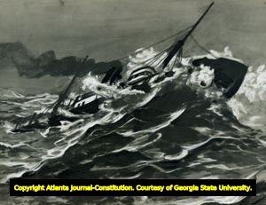 Illustration of a ship caught in the ocean waves, 1930s?