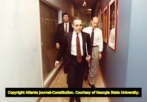 Atlanta Hawks coach Mike Fratello on the way to resign from his position, 1990